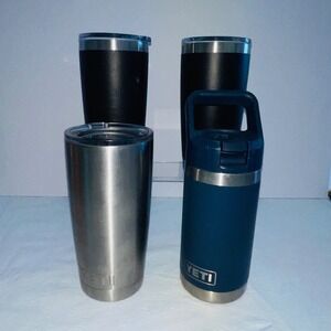 Lot of 4 YETI Drinkware 20 oz Tumblers 18 oz Bottle Navy Black Stainless Steel